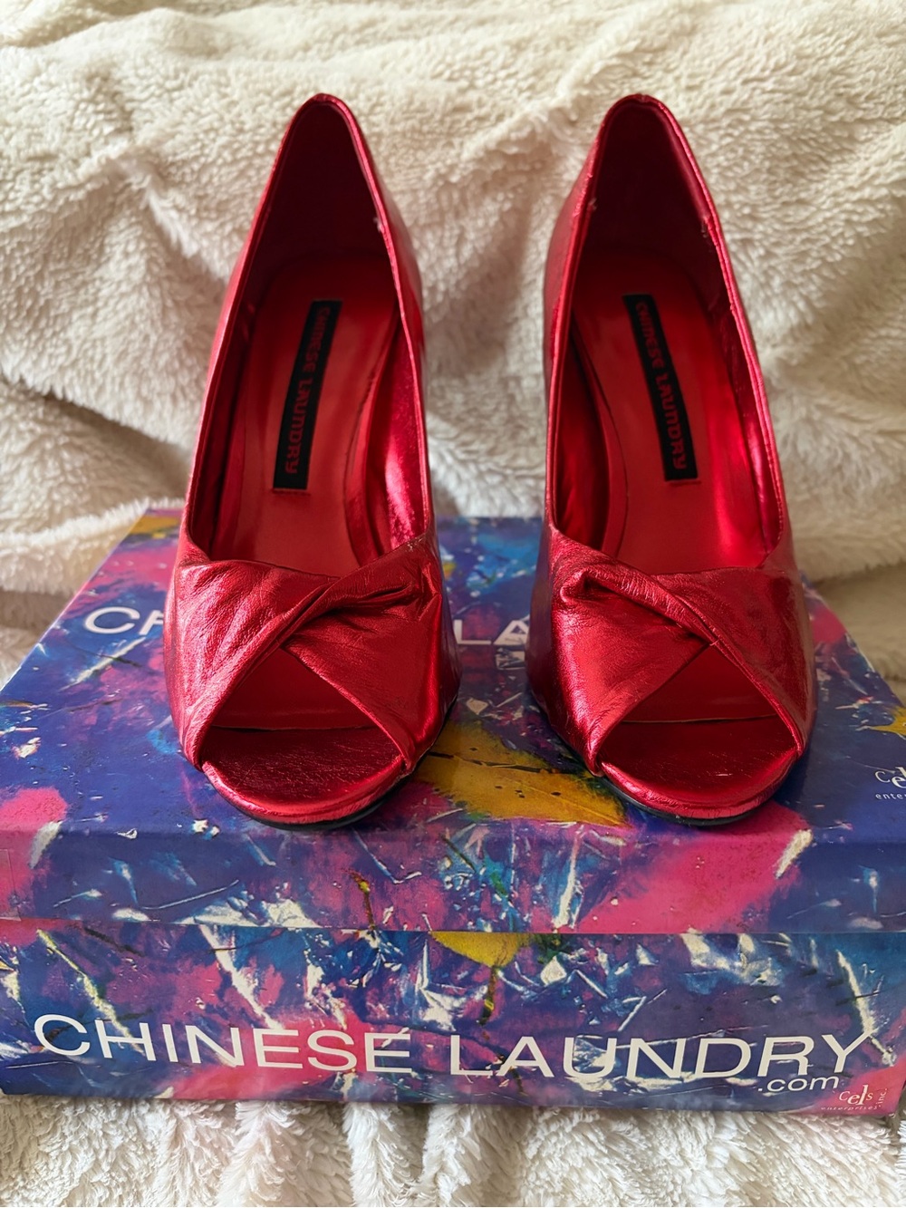 Chinese Laundry Metallic Red Peep-Toe Knot Pumps
